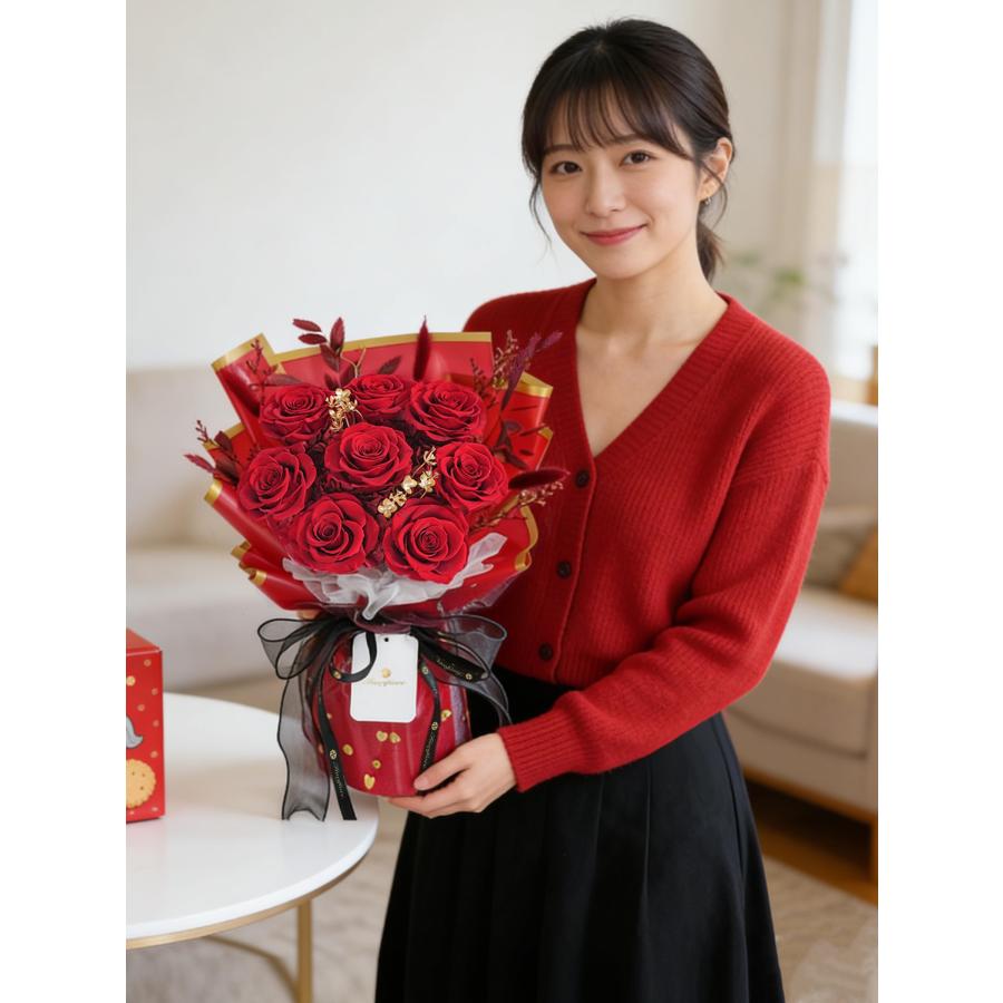 プリザーブドフラワー ブーケ 8輪 赤 薔薇花束 自立式 ギフトボックス