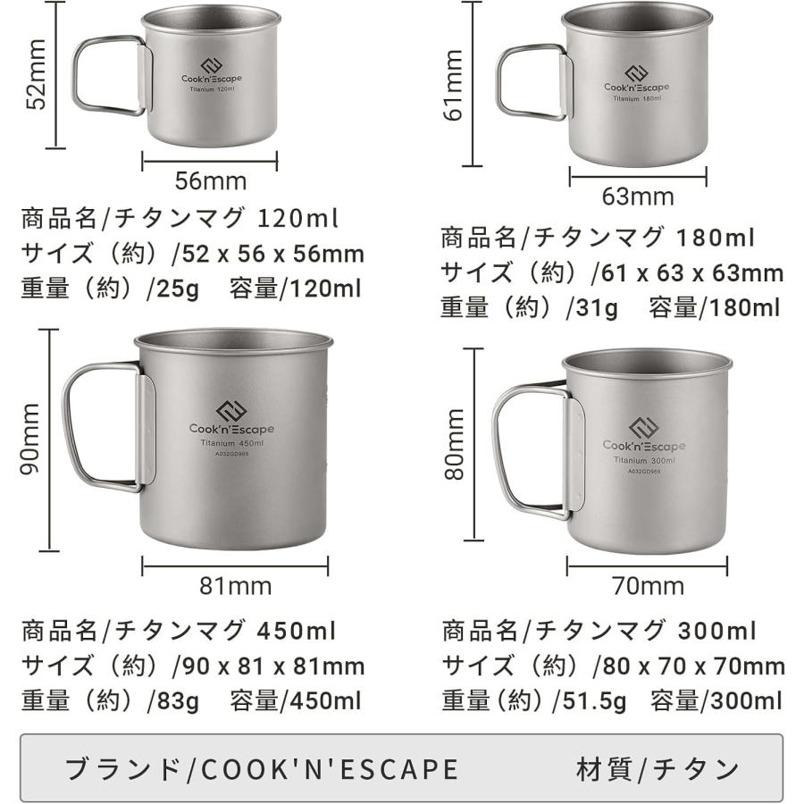 チタンマグ 4サイズ セット 120ml 180ml 300ml 450ml 折りたたみハンドル 軽量 スタッキング 蓋 収納袋付き 登山 キャンプ ソロ アウトドア_7