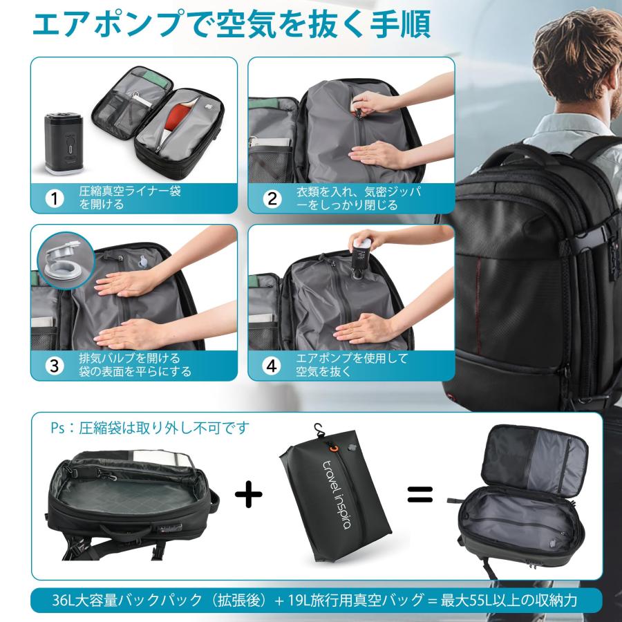 真空圧縮 リュック TSA 盗難防止 ポンプ付き ビズネス 旅行用 大容量