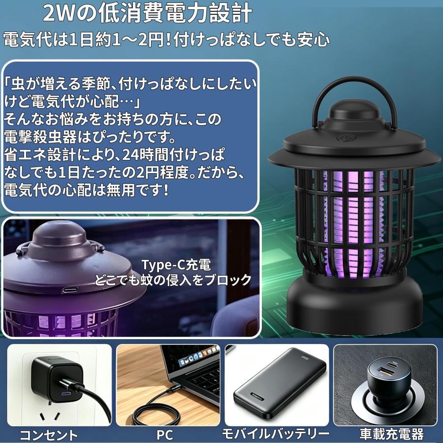 電撃殺虫器 コバエ取り 蚊取り 2026年新型蚊取り器 殺虫＆照明＆省エネ