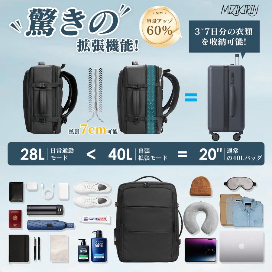 旅行 リュック 大容量 40L 機内持ち込み ビジネス バックパック【拡張機能?デュアルUSBポート】 15.6型PC対応 多機能 登山リュック_4