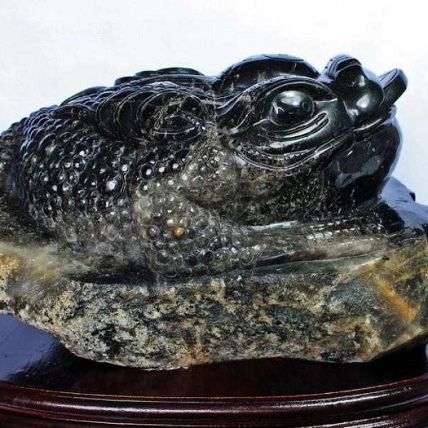 【コレクション】山東省産モリオン 金運蛙 天然黒水晶 彫刻 高級台座付 43.5Kg 黒水晶（モリオン 原石 本物 ）金蟾 同梱不可(特大品