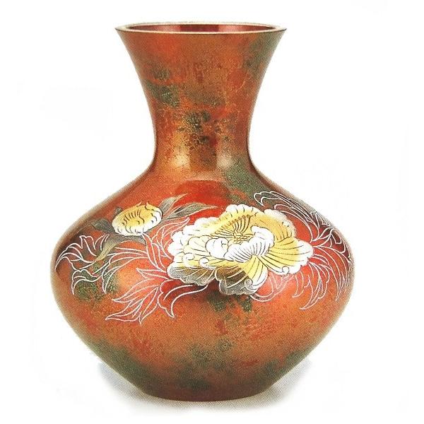 山本秀峰 「富士形・牡丹」  銅製 R434 花瓶、花器 【爆売り！】