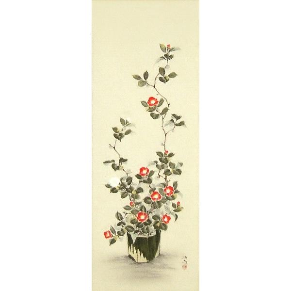 掛け軸 奥田拓也 紅白椿 日本画 真筆 尺五立 日本画 美術 工芸品 桐箱入り 掛軸 桐箱入り 表装 肉筆画 春掛け R922 駿河画廊