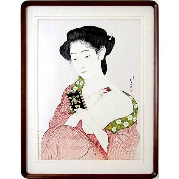 橋口五葉 化粧の女 復刻手摺り 木版画 額付き 美人画 浮世絵 大正ロマン 美人画 新版画 樋口五葉 樋口五葉 A1428 1965年創業の美術品 額縁の専門店駿河 静美洞画廊サプライズは 日本画 水彩画など額装絵画や仏画仏像がいつも激安お値打ちセール特価です アート静美洞