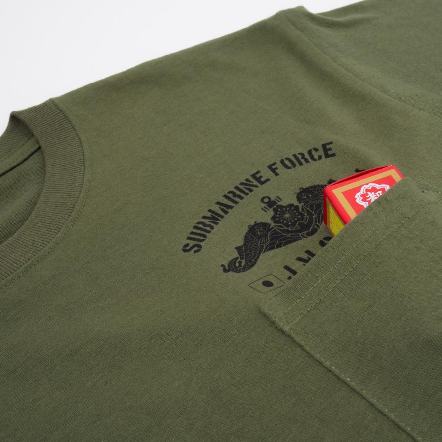 ポケット付き Tシャツ（ 左胸ドルフィン ） 海上自衛隊 ミリタリー 自衛隊 グッズ 潜水艦き章 JMSDF SUBMARINE FORCE 綿100％ 6.2oz  ヘビーウェイト カーキー |  | 07