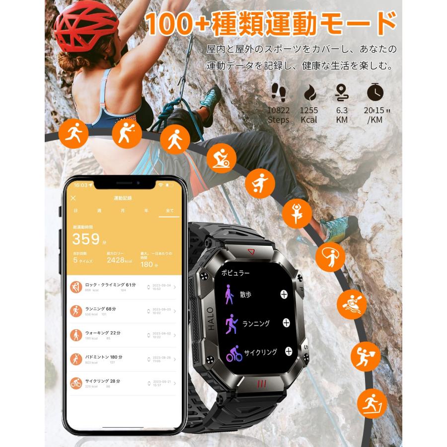 スマートウォッチ スポーツウォッチ　2023新登場 軍用規格 2インチ大画面　smart watch iphone対応＆アンドロイド対応 Bluet｜seigetsudou｜04