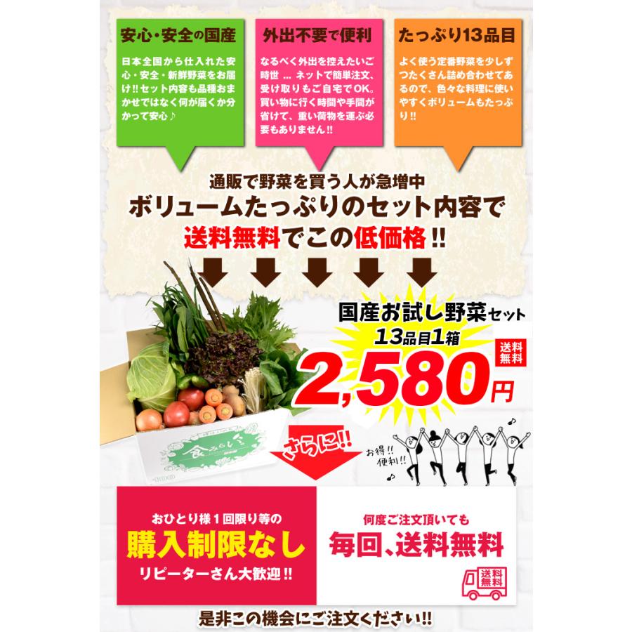 お試し国産野菜セット 13種1箱 【常温便】 送料無料 食品 :f82408:食みらい・国華園 - 通販 - Yahoo!ショッピング お試し国産野菜セット 13種1箱 【常温便】 送料無料 食品 :f82408:食みらい・国華園 - 通販 - Yahoo!ショッピング
