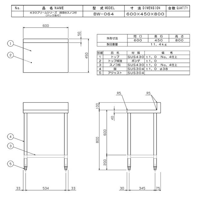 調理台・スノコ板付 ブリームシリーズ 業務用厨房機器 マルゼン BW-064 