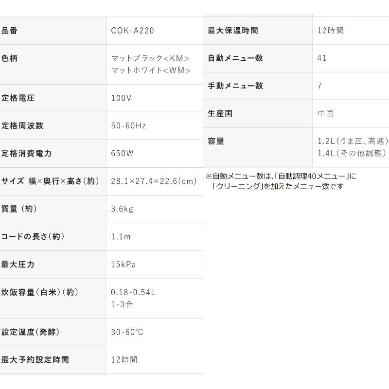 【無料3年保証付】TIGER COOKPOT タイガークックポット 圧力鍋 電気圧力鍋 タイガー COK-A220-WM コンパクトクッカー マットホワイト｜seikatsudo｜06