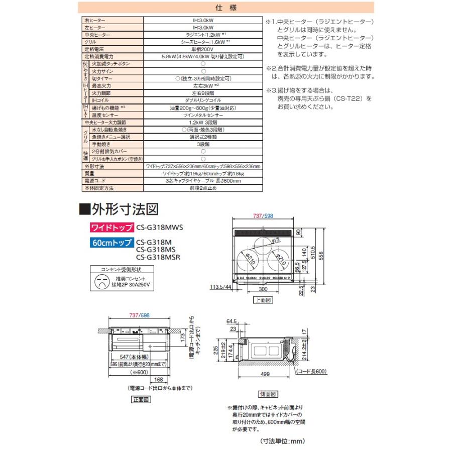 【在庫切れ時は後継品での出荷になる場合がございます】工事費込みセット IHクッキングヒーター 幅60cm 三菱 CS-G318M Mシリーズ 2口IH+RH IHヒーター｜seikatsudo｜04