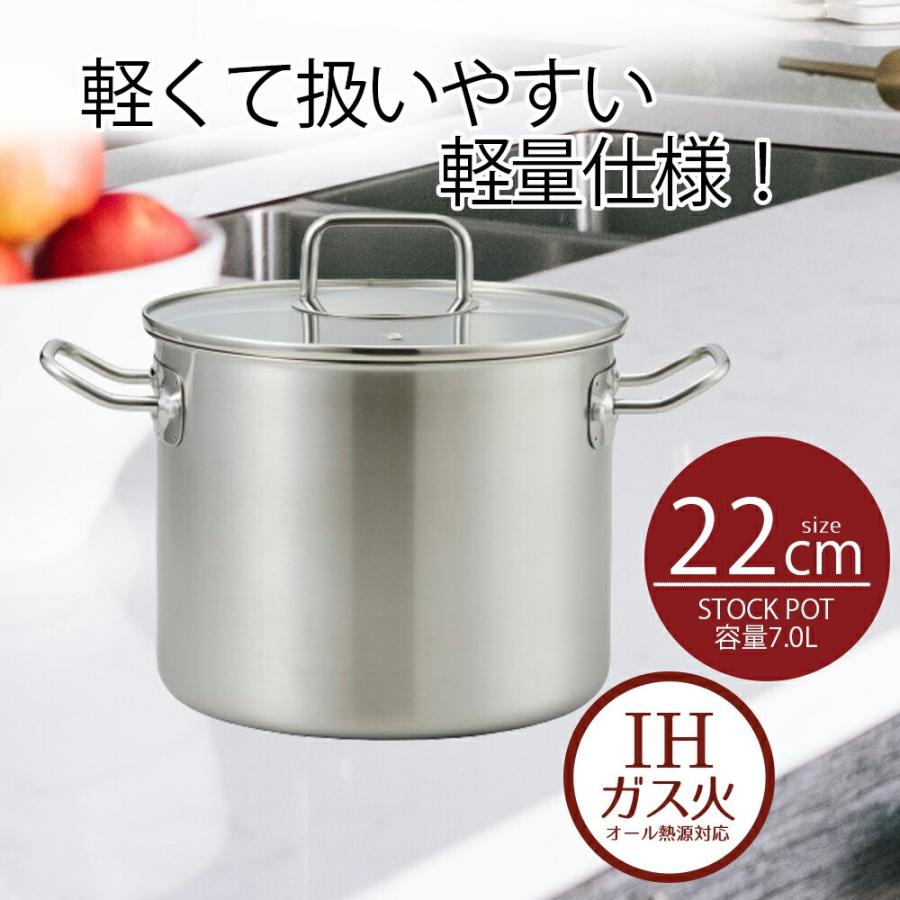 鍋 寸胴鍋 22 ストックポット 22cm ガラス蓋付 エコーズステンレス
