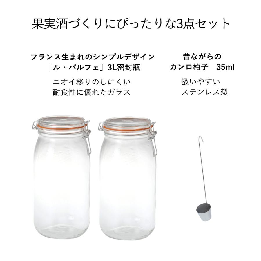 果実酒作りセット 密封瓶 3L 2個 & カンロ杓子 1個 | ふた付 ガラス瓶