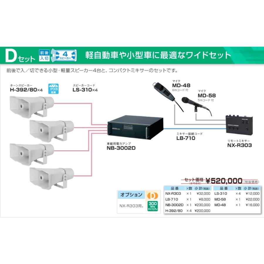 拡声器 300W 選挙用車載アンプハイパワーセットD 12V H-392+P-800N×4