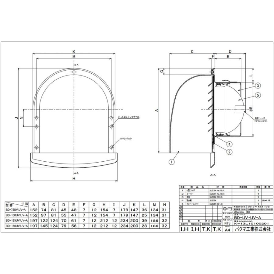 バクマ工業 BEAR U型フード付き換気口 防火ダンパー付 BD-150UV バクマ工業 BEAR U型フード付き換気口 防火ダンパー付 BD-150UV