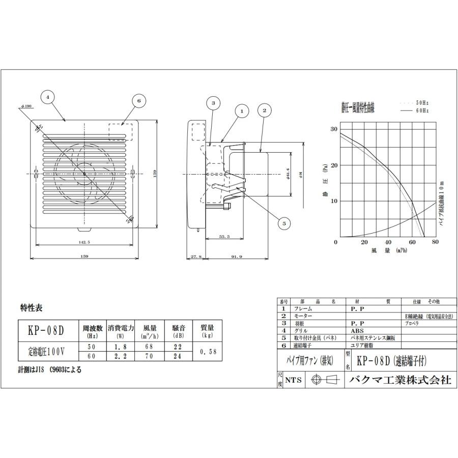 バクマ工業 BEAR 強制排気用 パイプファン KP-08D 連結端子式 バクマ工業 BEAR 強制排気用 パイプファン KP-08D 連結端子式