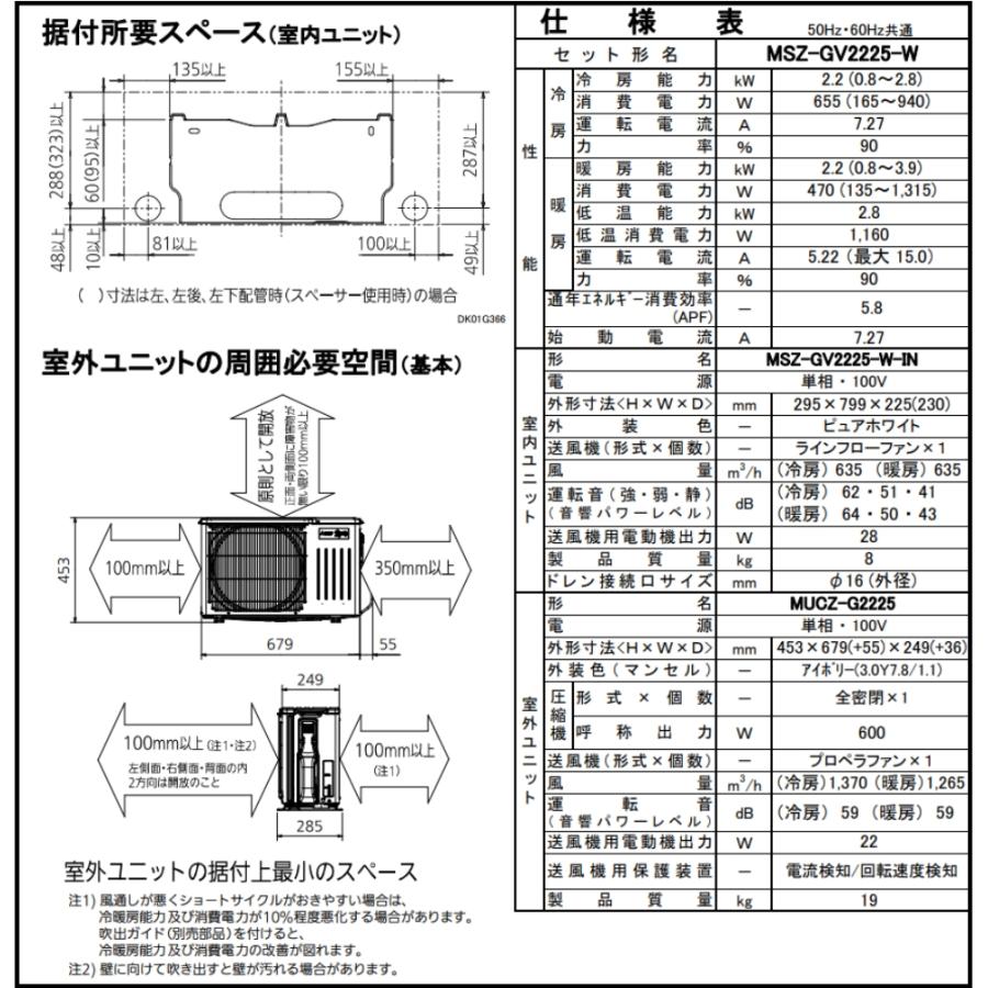 個人宅配送可 三菱電機 霧ヶ峰 MSZ-GV2225-W ルームエアコン 6畳 2.2kw