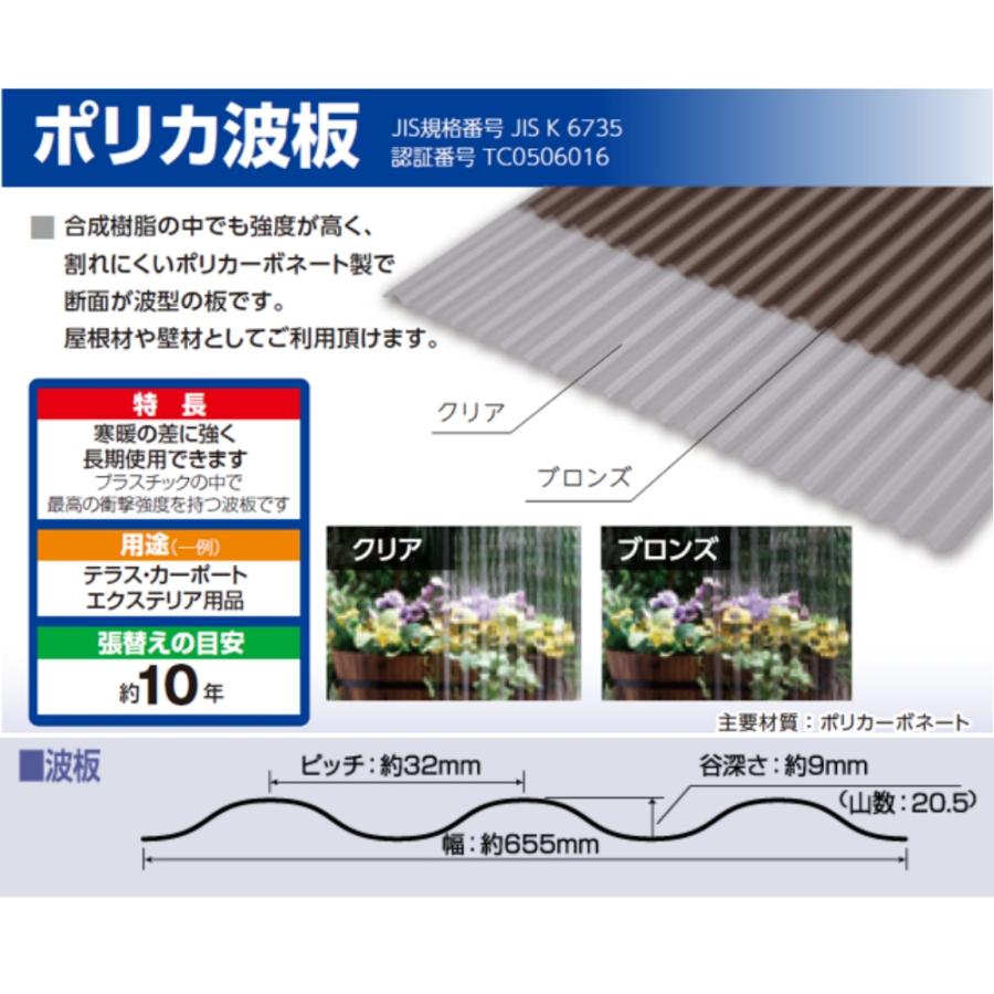 ポリカ 波板 6尺 1820x655mm ポリカーボネート 20枚セット 20枚以上バラ売り可の画像