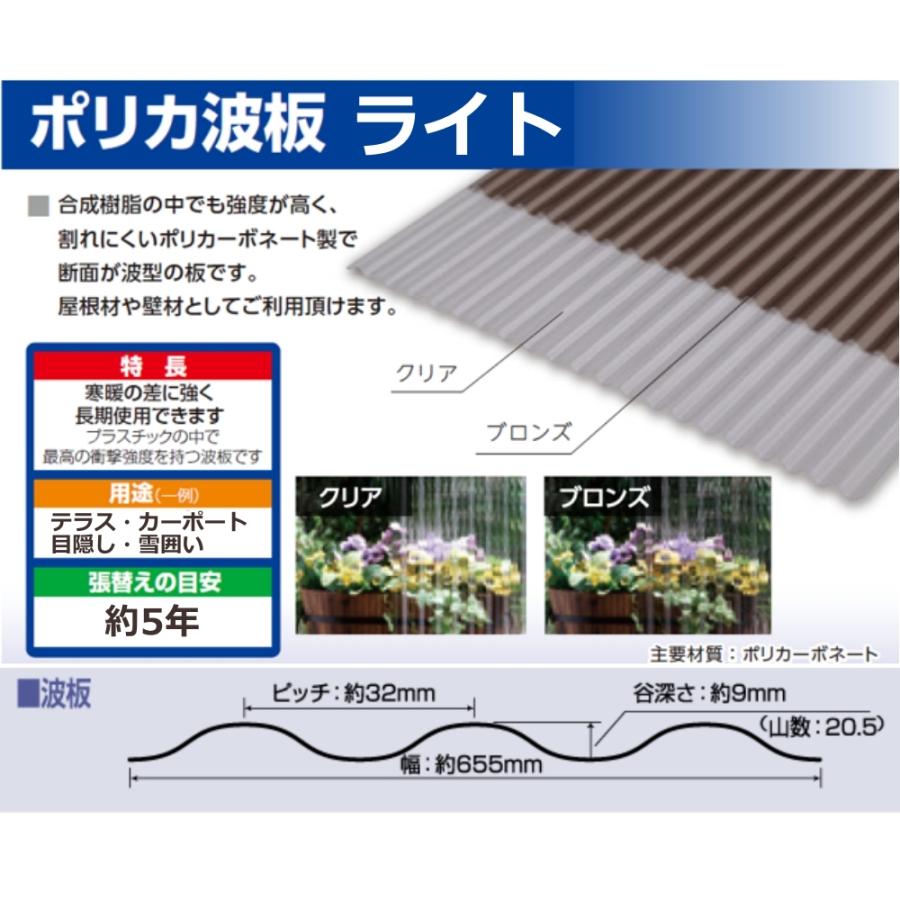 ポリカ 波板 ライト 9尺 2730x655mm ポリカーボネート 20枚セット 20枚以上バラ売り可の画像