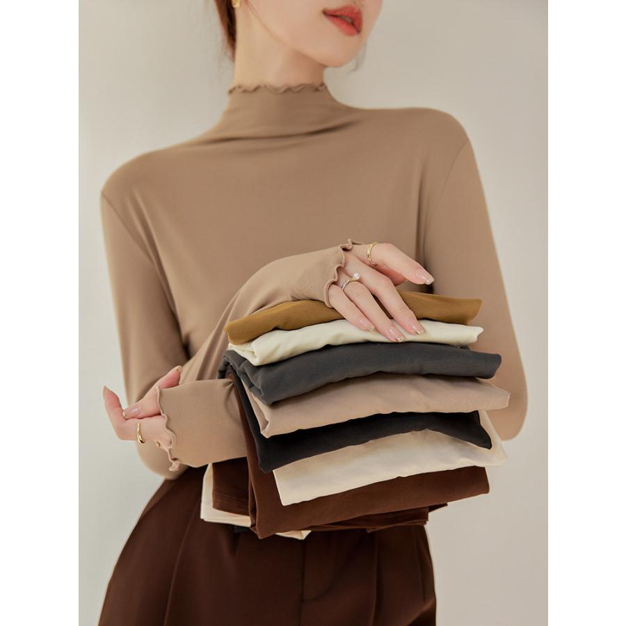 カットソー 秋冬 微起毛 プチハイネック レディース トップス フリル