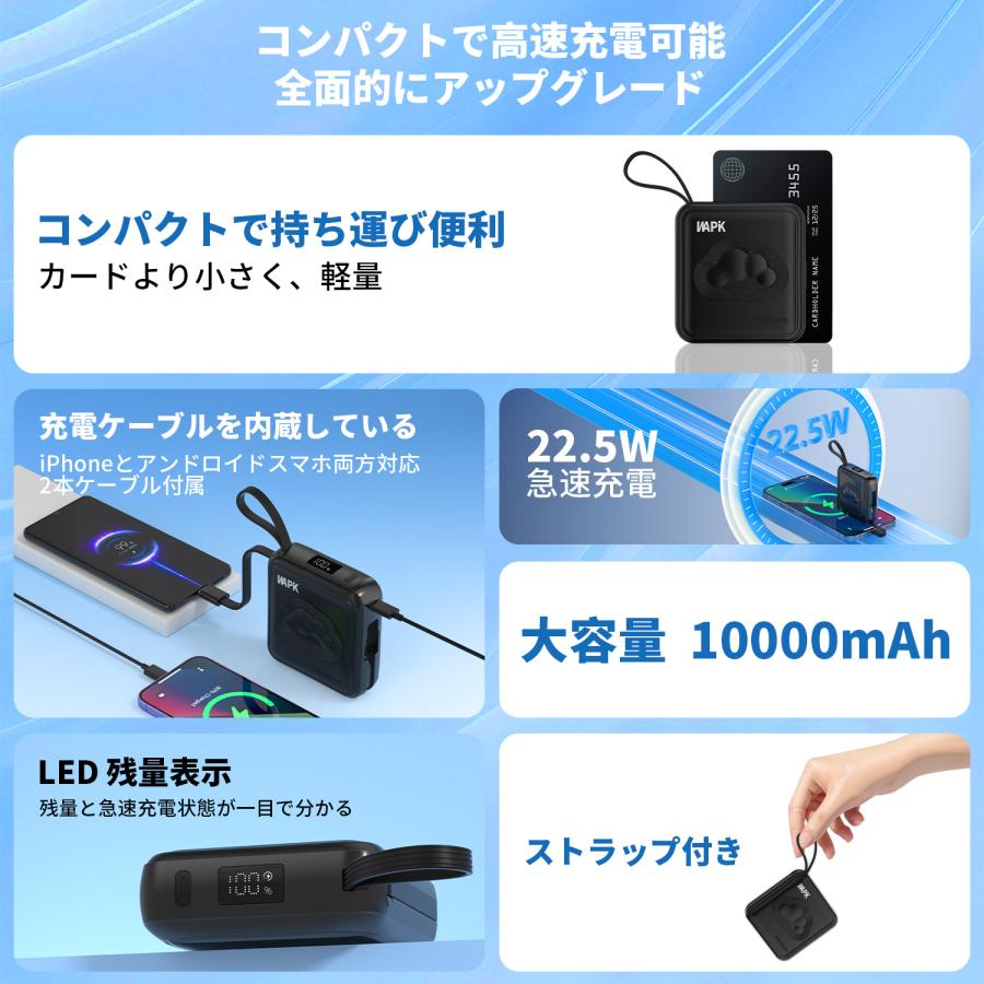 モバイルバッテリー スマホ充電器 大容量 防災電源 10000mAh 小型 急速充電器 PSE認証済 残量表示 携帯充電器 iPhone/iPad/Android対応 | WAPIK | 02