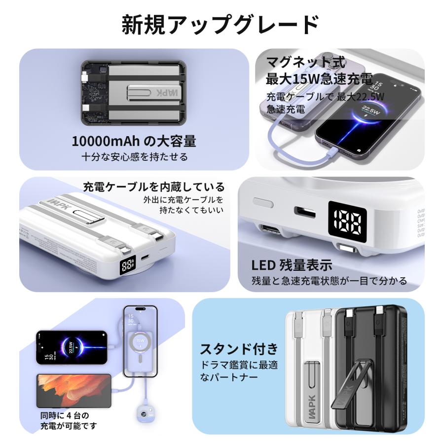モバイルバッテリー スマホ充電器 大容量 防災電源 10000mAh 小型 急速充電器 PSE認証済 残量表示 携帯充電器 iPhone/iPad/Android対応 送料無料 | WAPIK | 02