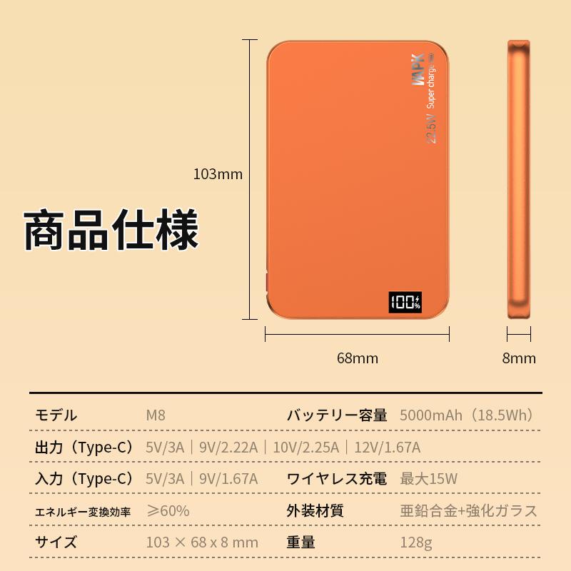 モバイルバッテリー ワイヤレス MagSafe対応 磁気 超軽量 薄型 小型 マグネット 大容量 スマホ充電器 急速充電 コンパクト PSE認証 5000mAh | WAPIK | 17