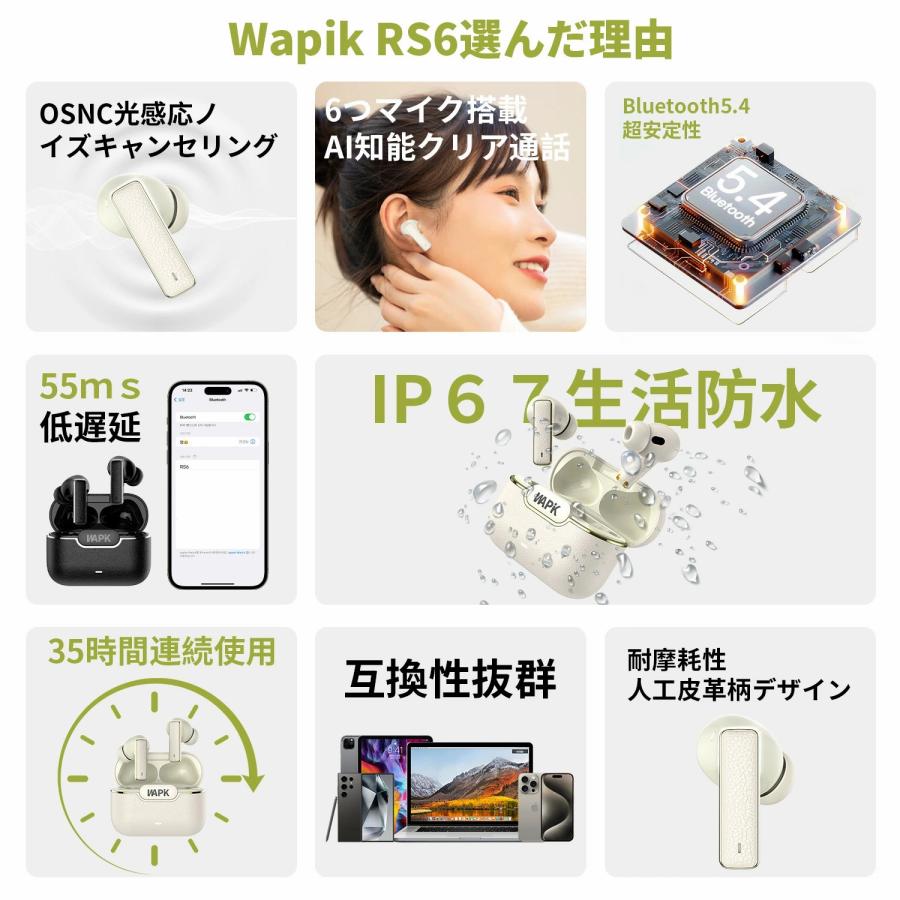 ワイヤレスイヤホン 5.4 Bluetooth HiFi 高音質 iPhone Android対応  ENCノイズキャンセリング 自動ペア ワイヤレス イヤホン 2025最新版 プレゼント | WAPIK | 02