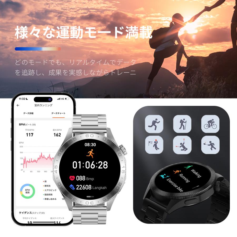 スマートウォッチ 1.43インチ大画面 通話機能付き 運動モード 日本製センサー 男女兼用 iphone対応 Android対応 Bluetooth通話機能 活動量計 歩数計 | WAPIK | 02