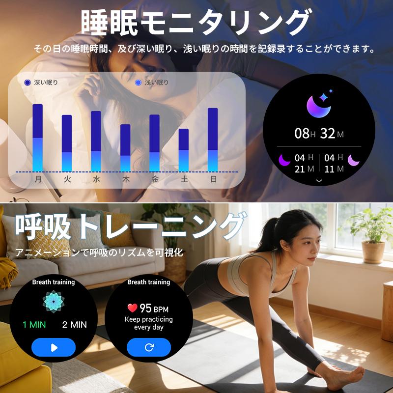 スマートウォッチ 1.46インチ大画面 Bluetooth5.4通話機能 腕時計 着信通知 血中酸素 心拍数 iphone android対応 IP68防水 丸型 活動量計 歩数計 プレゼントの画像