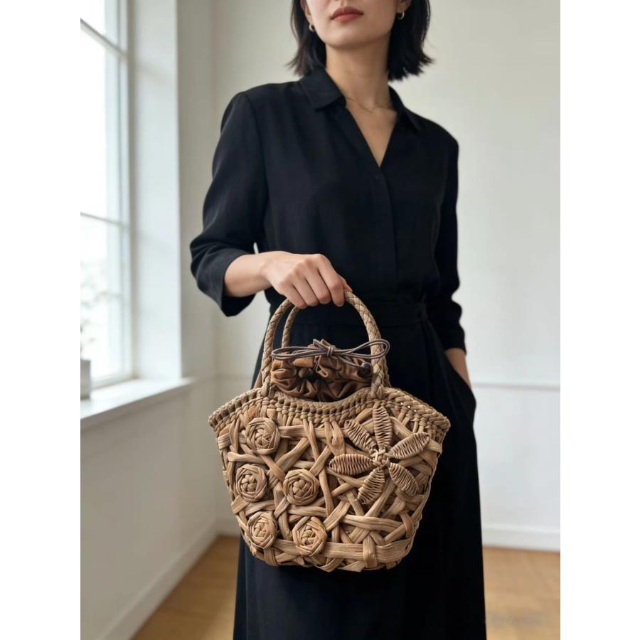 国産山葡萄 山葡萄かごバッグ 手作り 籠バッグ 乱れ編み・花編み 内布あり 和服バッグ ゆかたバッグ レディースかごバッグ 夏バッグ トートバッグの画像
