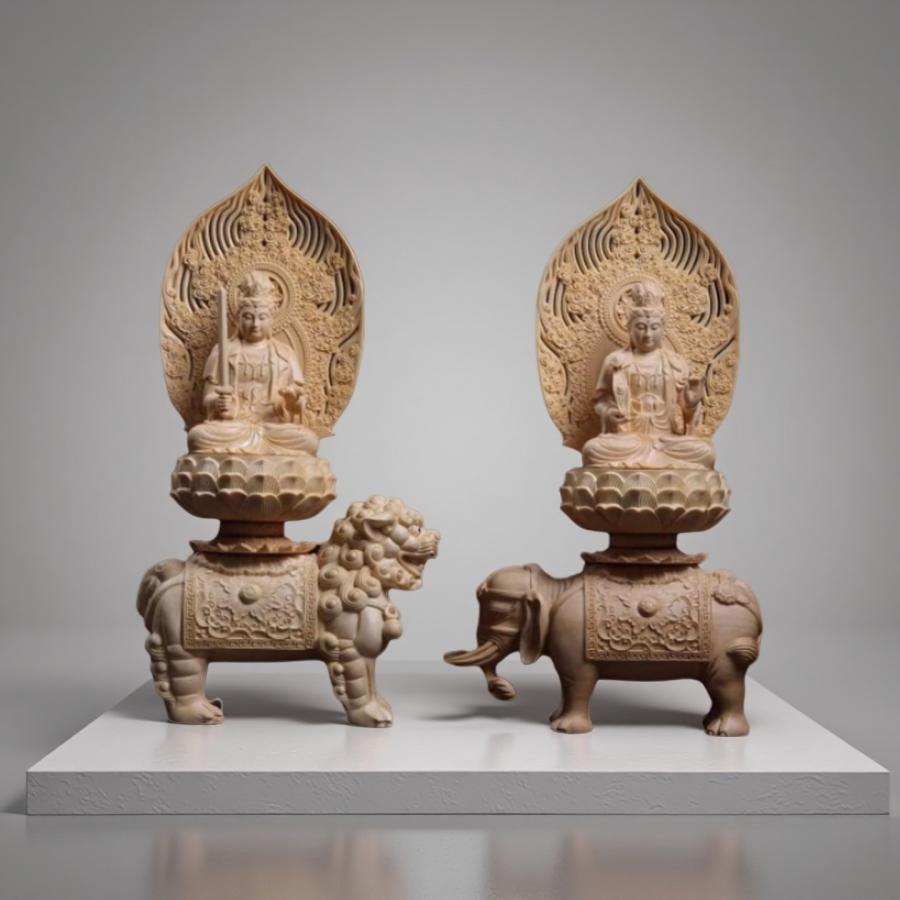 仏像 文殊菩薩、普賢菩薩 (約)高38cm×幅20cm×奥行12cm 木彫 仏具 二体