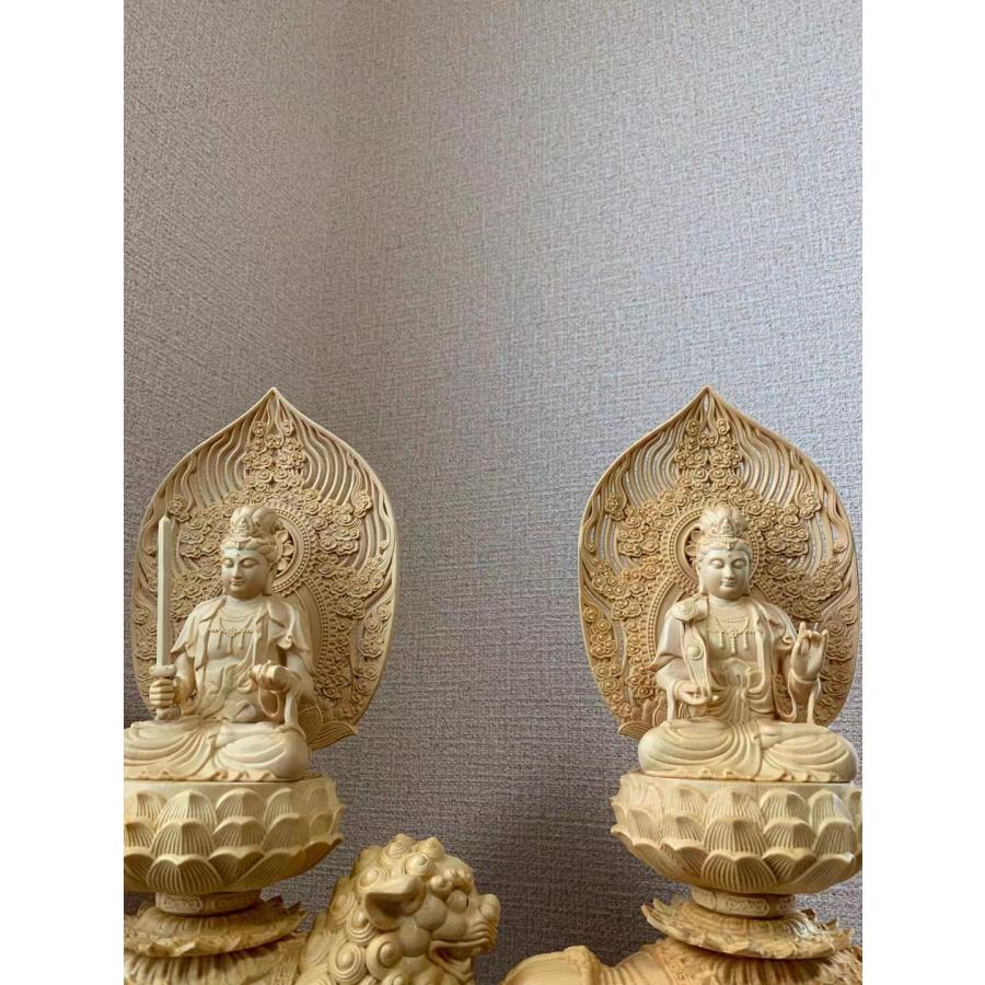 仏像 文殊菩薩、普賢菩薩 (約)高38cm×幅20cm×奥行12cm 木彫 仏具 二体