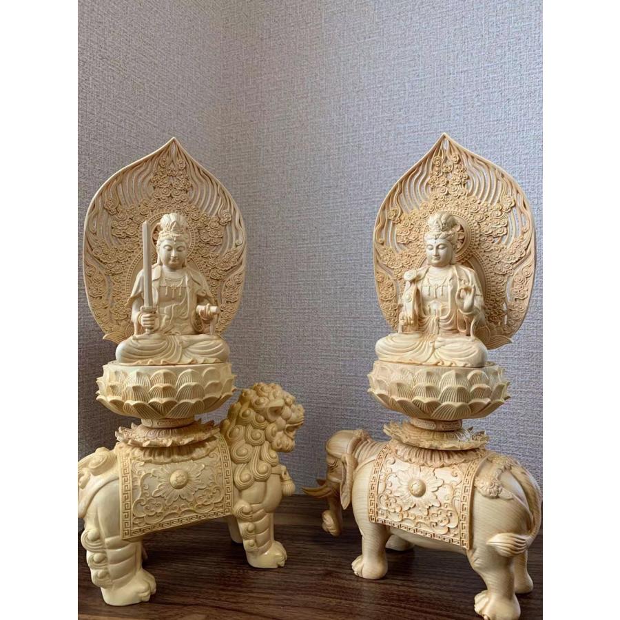 仏像 文殊菩薩、普賢菩薩 (約)高38cm×幅20cm×奥行12cm 木彫 仏具 二体