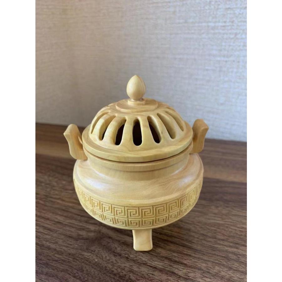 仏具 香炉 吉祥回字紋 ツゲ 木彫 (約)高10cm×幅9cm×奥行9cm : 星凌商店 