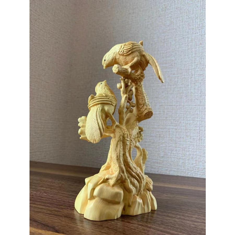 木彫 飾り 鳥 ツゲ 置き物 (約)高17cm×幅8cm×奥行5cmの画像
