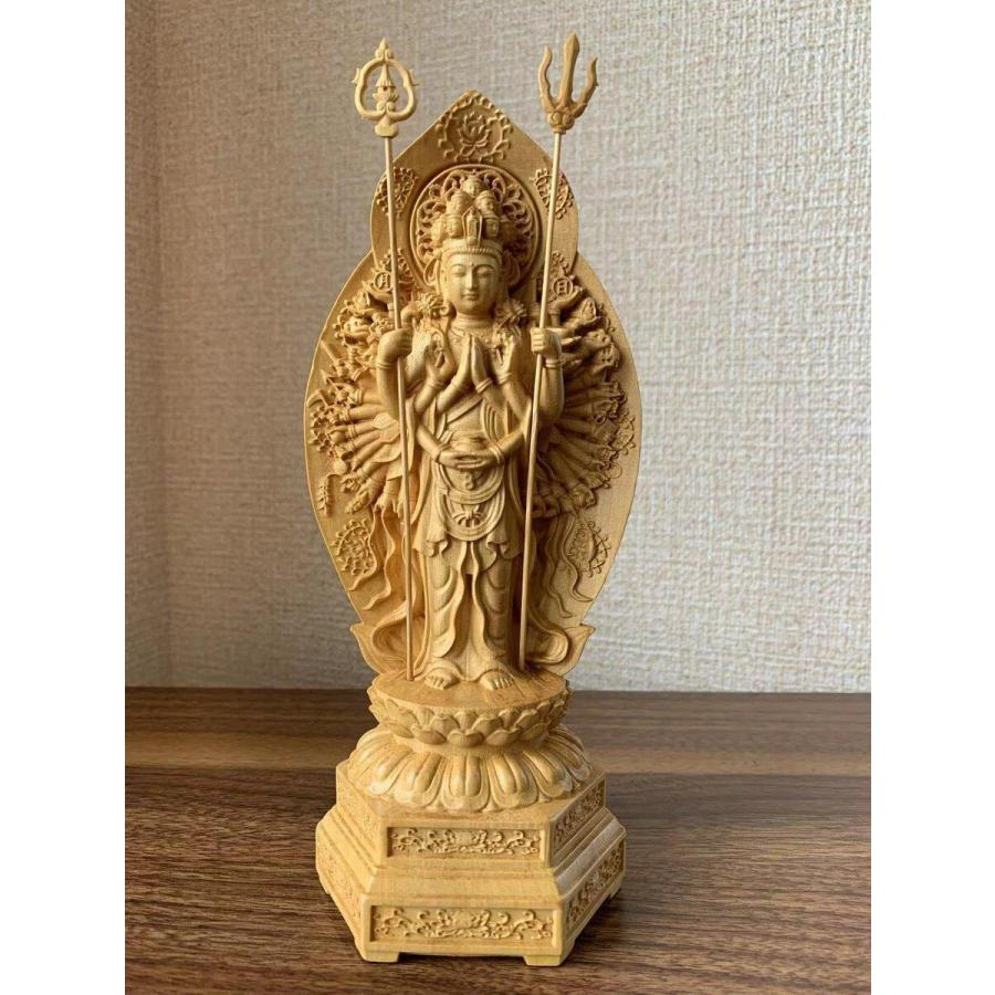 仏像 千手観音像 千手観音 ツゲ 木彫 仏具 (約)高20cm×幅8cm×奥行6cm 