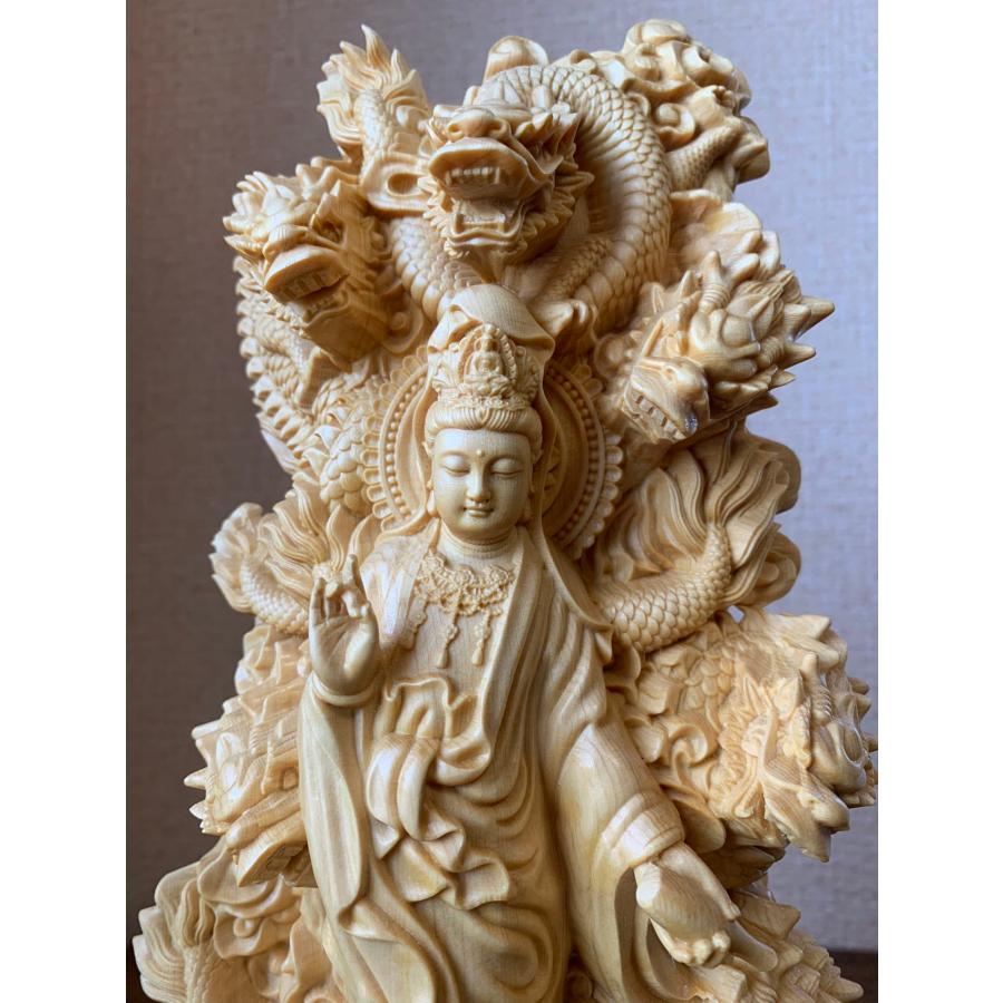 仏像 観音菩薩像 龍上観音菩薩 九龍観音 ツゲ 仏具 木彫 (約)高