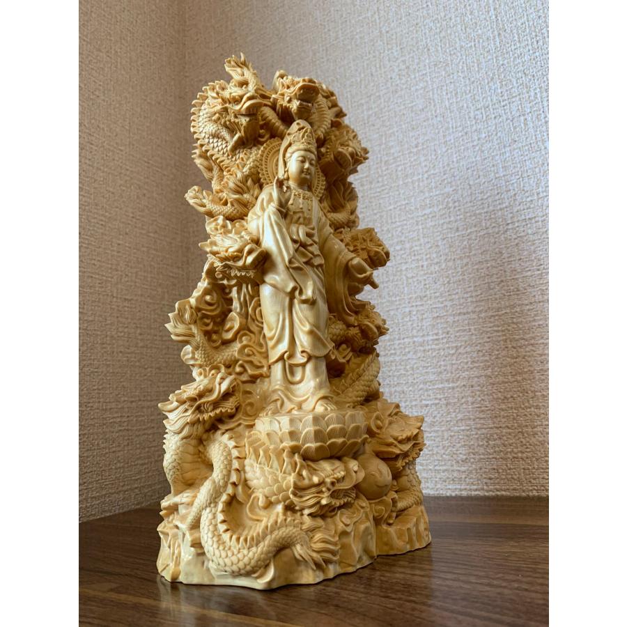 仏像 観音菩薩像 龍上観音菩薩 九龍観音 ツゲ 仏具 木彫 (約)高30cm×幅 