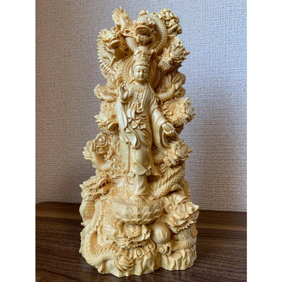 仏像 観音菩薩像 龍上観音菩薩 九龍観音 ツゲ 仏具 木彫 (約)高30cm×幅 