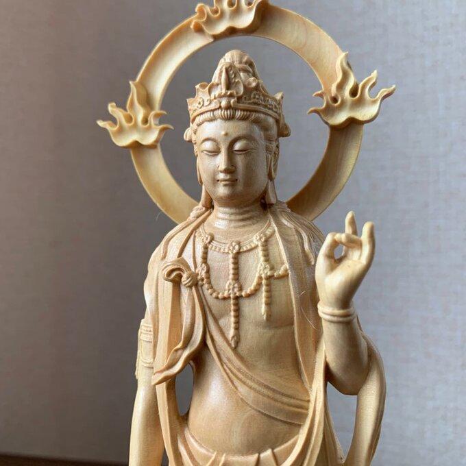 仏像 大勢至菩薩像 勢至菩薩 ツゲ 木彫 仏具 (約)高22cm×幅6cm