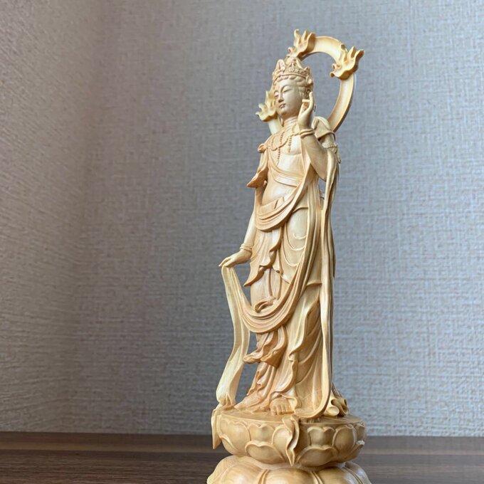 仏像 大勢至菩薩像 勢至菩薩 ツゲ 木彫 仏具 (約)高22cm×幅6cm