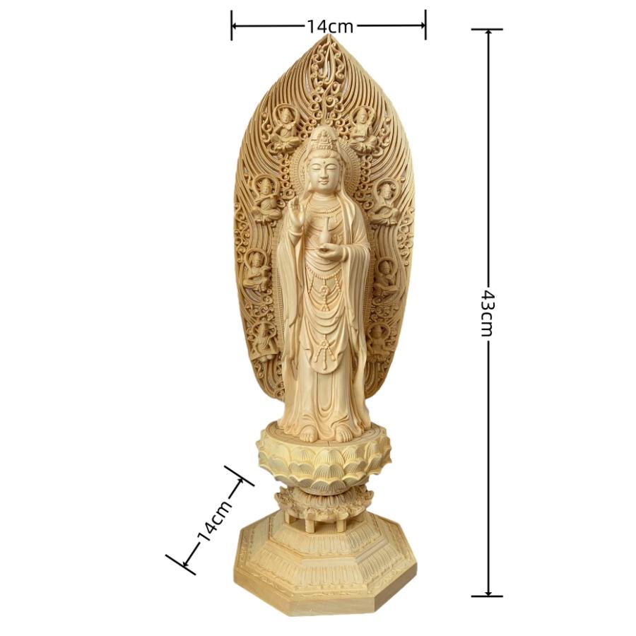 仏像 木彫り 観音菩薩像 檜木 木彫 仏具 (約)高43cm×幅14cm×奥行14cm 