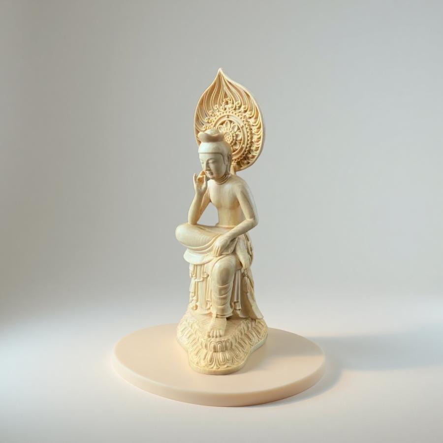 仏像 弥勒菩薩 弥勒菩薩半跏思惟像 木彫 檜木 仏具 (約)高23cm×幅9cm