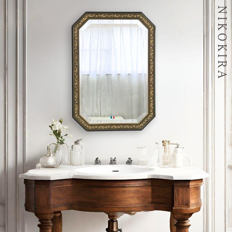 新品同様◆2個セット◆アンティーク◆　八角ウォールミラー壁掛け鏡◆花柄 鏡 壁掛け 壁掛け鏡 ウォールミラー 壁掛けミラー ミラー 八角形