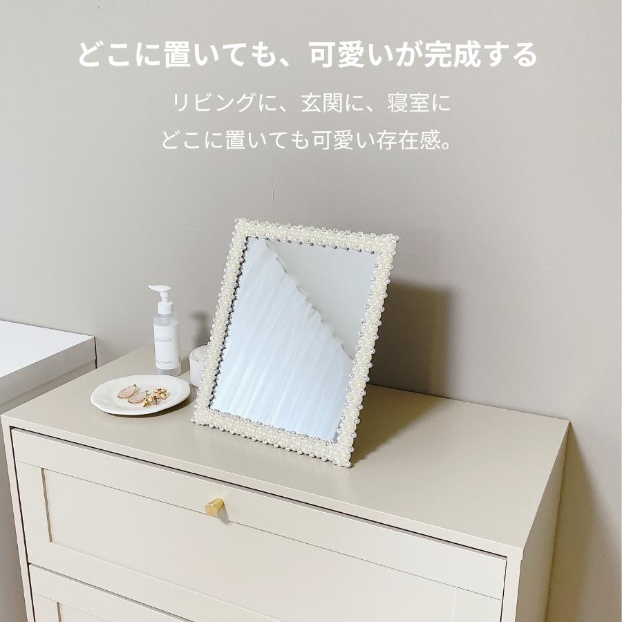 卓上ミラー 卓上鏡 ミラー 卓上 大きい 鏡 化粧鏡 スタンドミラー メイク メイクミラー おしゃれ プリンセスミラー パール ホワイト シルバー ラインストーン_6