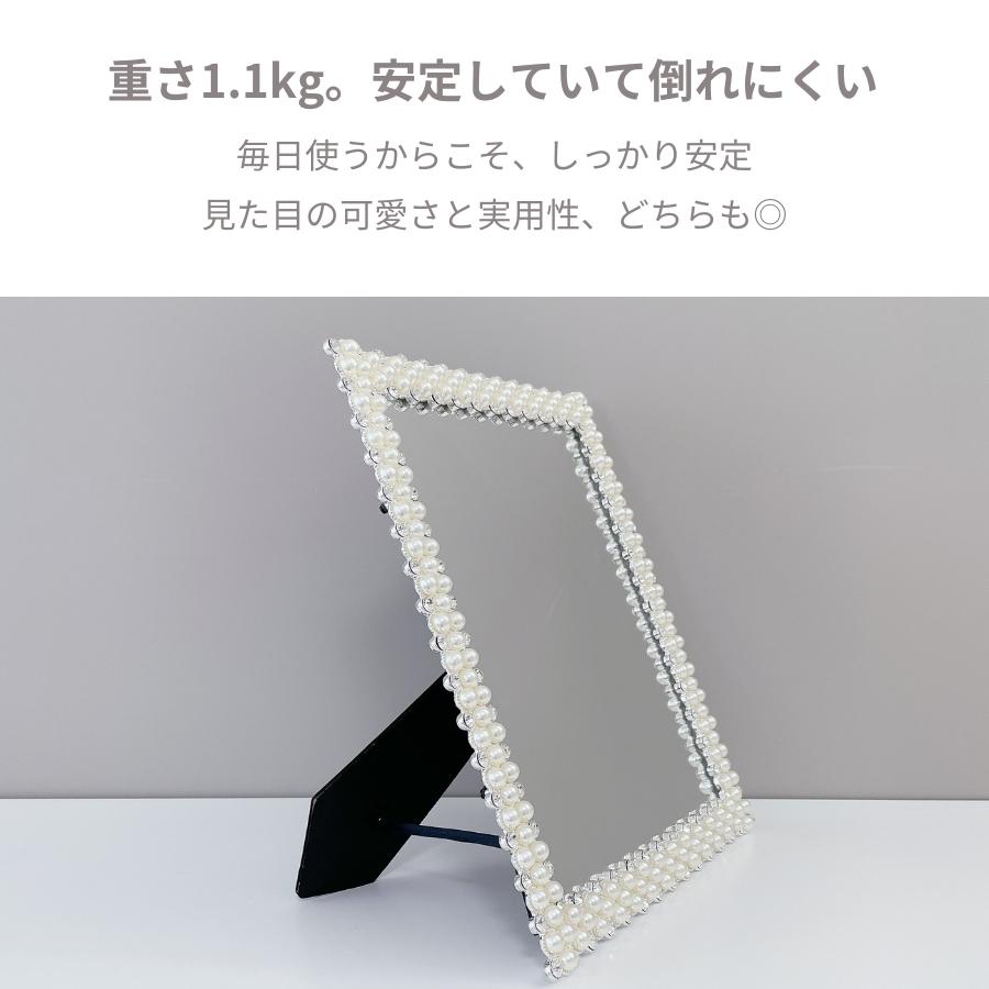 卓上ミラー 卓上鏡 ミラー 卓上 大きい 鏡 化粧鏡 スタンドミラー メイク メイクミラー おしゃれ プリンセスミラー パール ホワイト シルバー ラインストーン_7