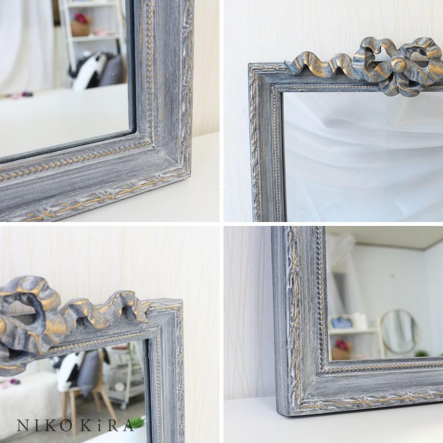 おしゃれ 鏡 リボン ミラー 壁掛けミラー グレー ウォールミラー 北欧 アンティーク 玄関 洗面 トイレ フレンチ かわいい フレーム ラパン 長角 Shin 鏡専門店 Niko Kira 通販 Yahoo ショッピング