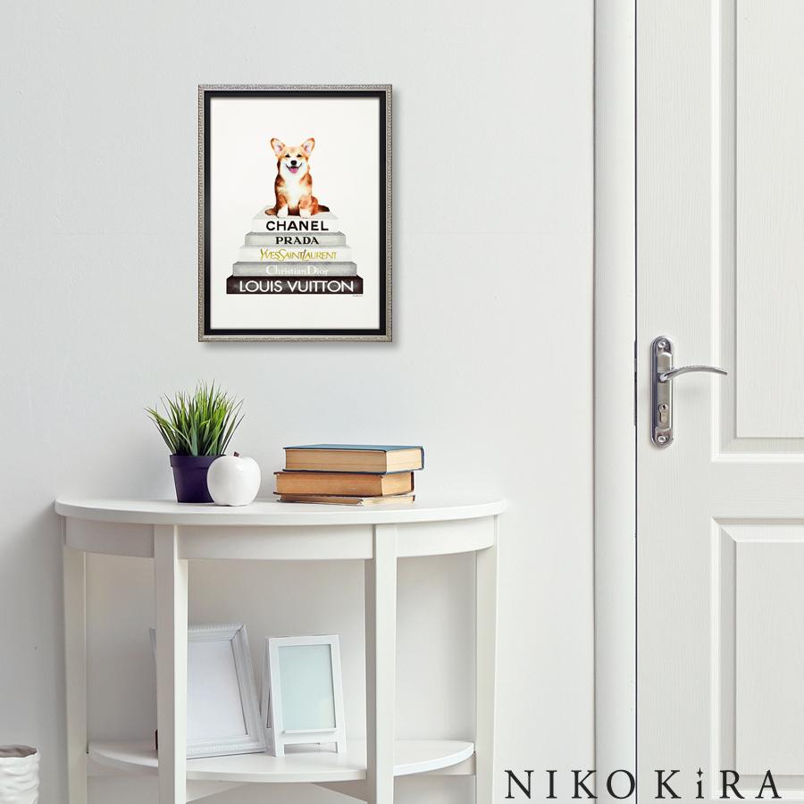 アートパネル アートポスター ブランド Chanel ブックスタック 絵画 愛犬 動物 ルイ おしゃれ 犬 ペット ヴィトン 本 シャネル 56 5cm プラダ 絵 アート ディオール M フレーム付き キャンバス コーギー ブック 43 5cm いぬ