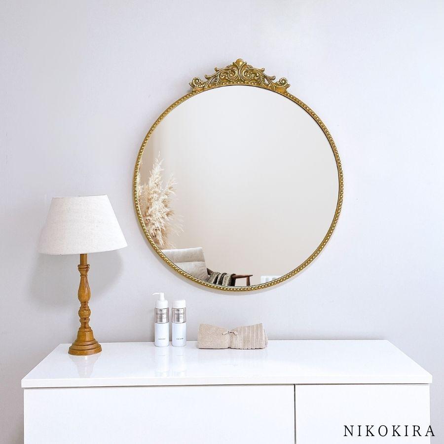 ギリシャ風装飾の円形ミラー アジアン バリ風 鏡 壁掛け 丸型 ミラー ウォールミラー 木製